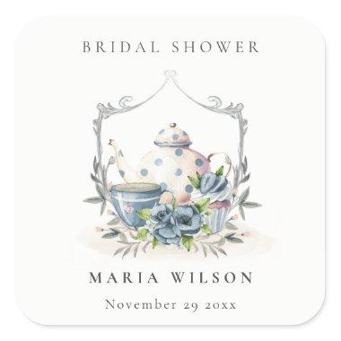 Cute Aqua Blue Floral Teapot Crest Bridal Shower Square Sticker