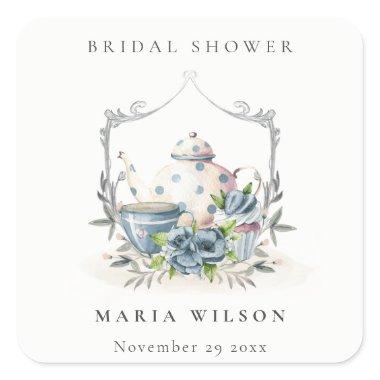 Cute Aqua Blue Floral Teapot Crest  Square Sticker