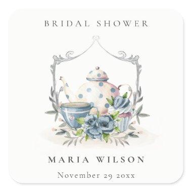 Cute Aqua Blue Floral Teapot Crest Bridal Shower Square Sticker