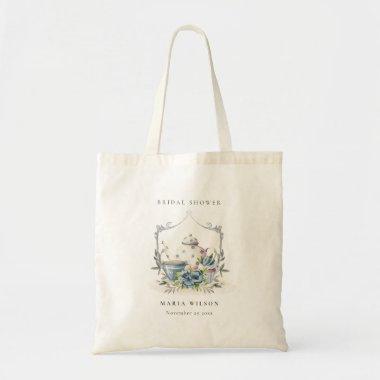 Cute Aqua Blue Floral Teapot Crest Bridal Shower Tote Bag
