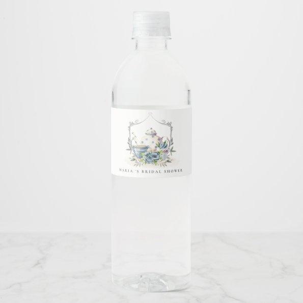 Cute Aqua Blue Floral Teapot Crest Bridal Shower Water Bottle Label