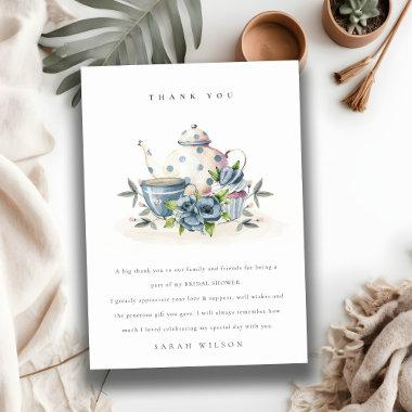 Cute Aqua Blue Floral Teapot Crups Bridal Shower Thank You Invitations