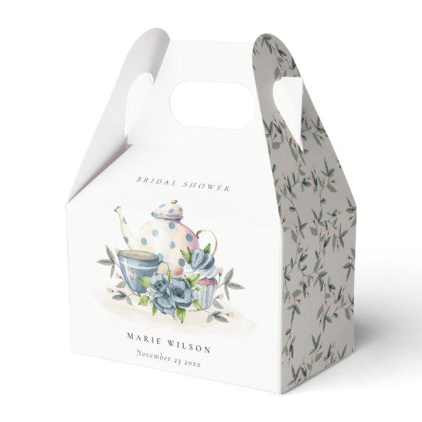 Cute Aqua Blue Floral Teapot Cups Bridal Shower Favor Box