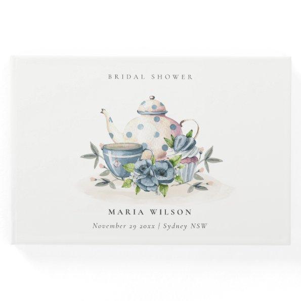 Cute Aqua Blue Floral Teapot Cups Bridal Shower Guest Book