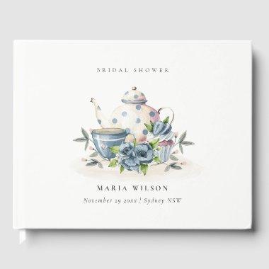 Cute Aqua Blue Floral Teapot Cups  Guest Book
