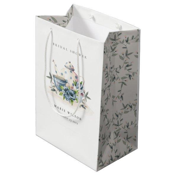 Cute Aqua Blue Floral Teapot Cups Bridal Shower Medium Gift Bag