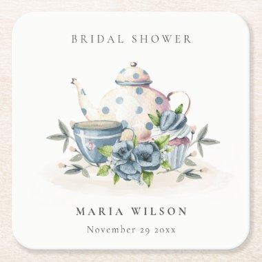 Cute Aqua Blue Floral Teapot Cups  Square Paper Coaster