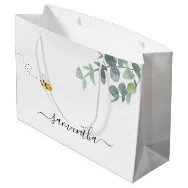 Cute bee monogram eucalyptus greenery white large gift bag