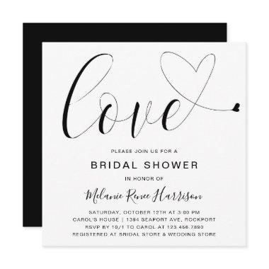 Cute Black White Love Heart Modern Bridal Shower Invitations