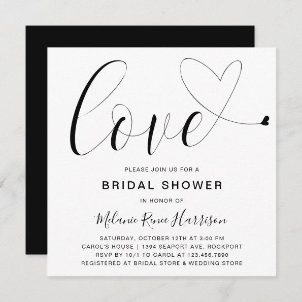 Cute Black White Love Heart Modern Bridal Shower Invitations