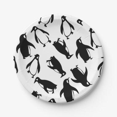 Cute black white penguin pattern white background paper plates