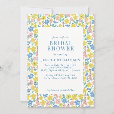 Cute Blue and Yellow Ditsy Floral Bridal Shower Invitations
