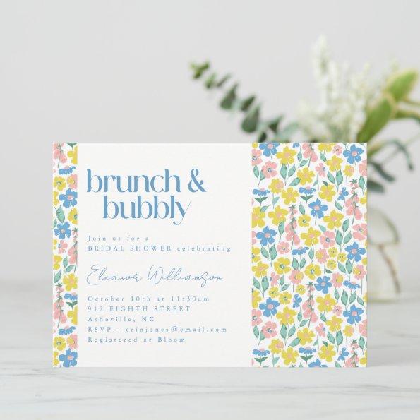 Cute Blue and Yellow Ditsy Floral Brunch Bubbly Invitations