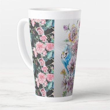 Cute Blue Budgie and Roses Watercolor Latte Mug