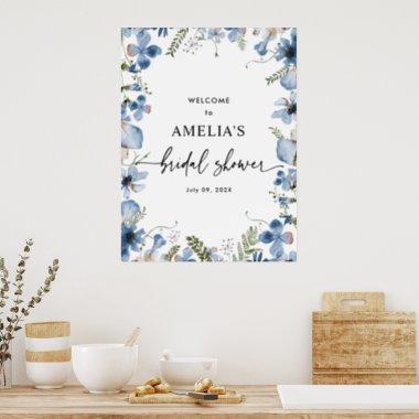 Cute Blue Floral Bridal Shower Welcome Sign Poster