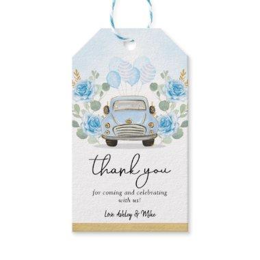 Cute Blue Gold Car Floral Adventure Baby Shower Gift Tags