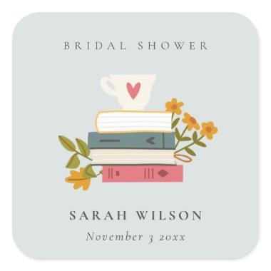 Cute Blue Stacked Storybooks Floral Bridal Shower Square Sticker