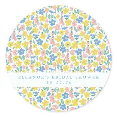 Cute Blue Yellow Floral Custom Bridal Shower Classic Round Sticker