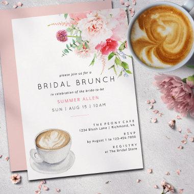 Cute Blush Pink Coffee Peony Garden Bridal Brunch Invitations