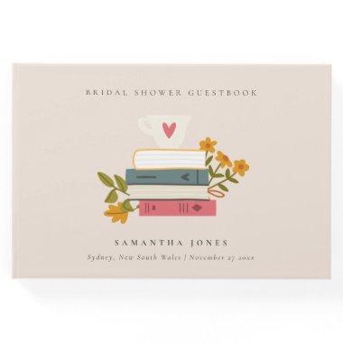 Cute Blush Stacked Storybooks Floral Bridal Shower Guest Book