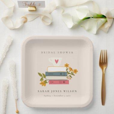 Cute Blush Stacked Storybooks Floral Bridal Shower Paper Plates