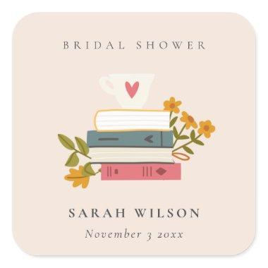 Cute Blush Stacked Storybooks Floral Bridal Shower Square Sticker