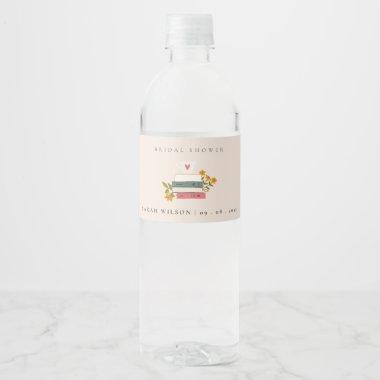 Cute Blush Stacked Storybooks Floral Bridal Shower Water Bottle Label