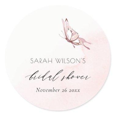 CUTE BLUSH WATERCOLOR BUTTERFLY BRIDAL SHOWER CLASSIC ROUND STICKER