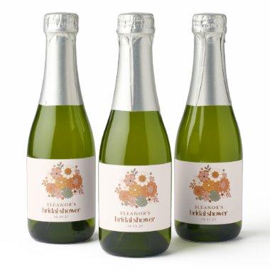 Cute Boho Retro Floral Bridal Shower Custom Name Sparkling Wine Label