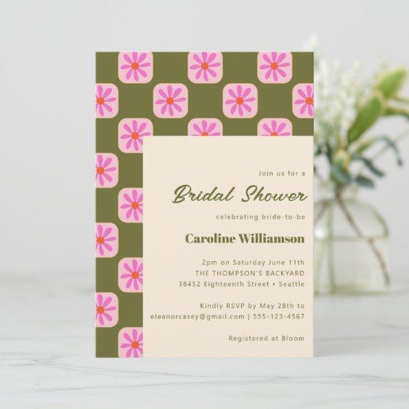 Cute Checkerboard Flower Green Pink Bridal Shower Invitations