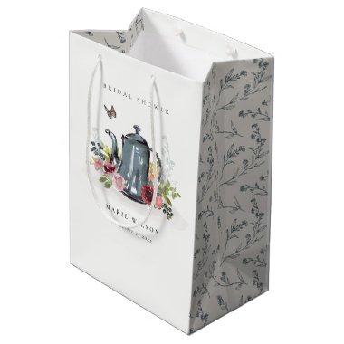 Cute Cheerful Roses Floral Teapot Bridal Shower Medium Gift Bag
