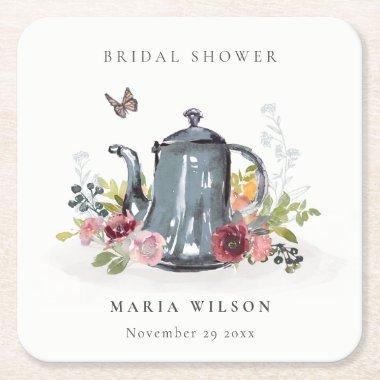 Cute Cheerful Roses Floral Teapot Bridal Shower Square Paper Coaster
