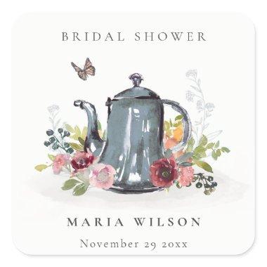 Cute Cheerful Roses Floral Teapot Bridal Shower Square Sticker