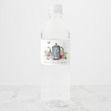 Cute Cheerful Roses Floral Teapot Bridal Shower Water Bottle Label