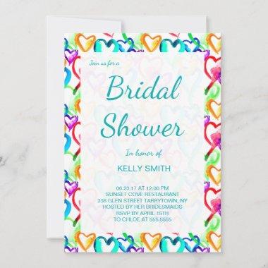 Cute colorful watercolor hearts bridal shower Invitations