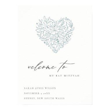 Cute Dusky Blue Floral Heart Bat Mitzvah Welcome Poster