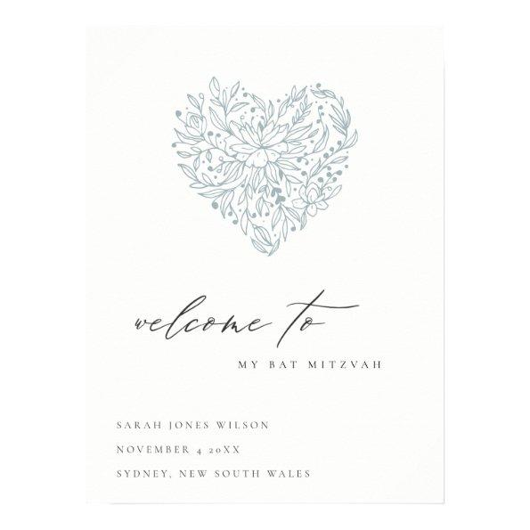 Cute Dusky Blue Floral Heart Bat Mitzvah Welcome Poster