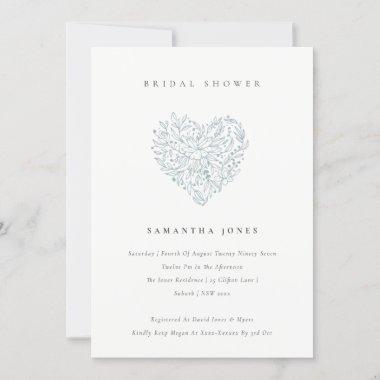 Cute Dusky Blue Floral Heart Bridal Shower Invite