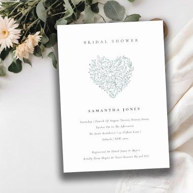 Cute Dusky Blue Floral Heart Bridal Shower Invite