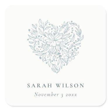 Cute Elegant Chic Minimal Dusky Blue Floral Heart Square Sticker