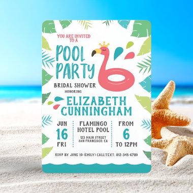 Cute Flamingo Tropical Pool Party Bridal Shower Invitations