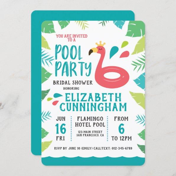 Cute Flamingo Tropical Pool Party Bridal Shower Invitations