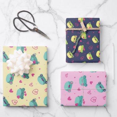 Cute Frog Pink Heart Love Pattern Valentine's Day Wrapping Paper Sheets