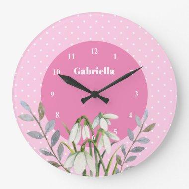 Cute Gentle White Snowdrops Leafy Pink Polka Dots Large Clock