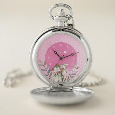 Cute Gentle White Snowdrops Leafy Pink Polka Dots Pocket Watch