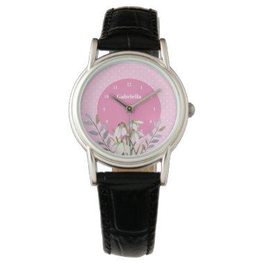 Cute Gentle White Snowdrops Leafy Pink Polka Dots Watch