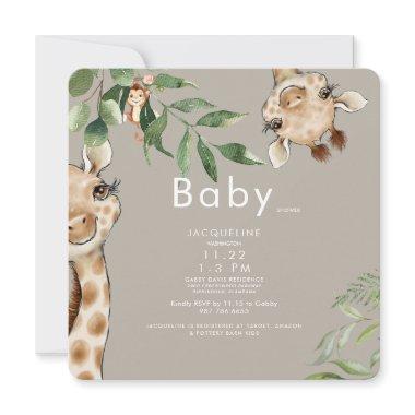 Cute Giraffe Monkey Tan Rounded Baby Shower Invitations