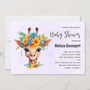 Cute Giraffe with Floral Crown Baby Shower Invitations