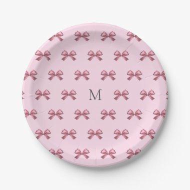 Cute Girly Pink Satin Aesthetic Bow Monogram Paper Plates