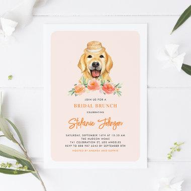 Cute Golden Retriever Peach Flowers Bridal Brunch Invitations